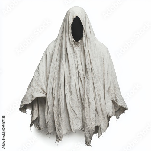 A spooky apparition in tattered robes, floating above the ground, chilling expression, isolated on white background photo