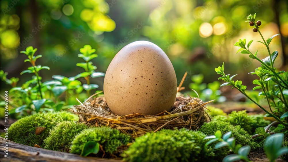 Large Bird Egg Nestled on Natural Surface Surrounded by Greenery in a Serene Outdoor Setting Large Bird Egg Nestled on Natural Surface Surrounded by Greenery in a Serene Outdoor Setting
