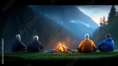 Campfire Night with Friends in Mountains