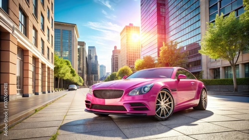 Luxury pink car parked elegantly in a modern urban setting under a clear blue sky during daytime