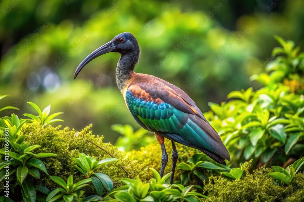 Naklejka premium Majestic African Ibis Bird Perched Gracefully Amongst Lush Greenery in Its Natural Habitat