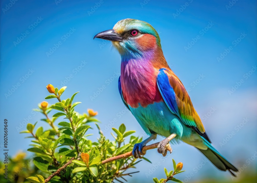 Fototapeta premium Majestic African Senegal Bird Perched on a Branch Against a Clear Blue Sky in Its Natural Habitat