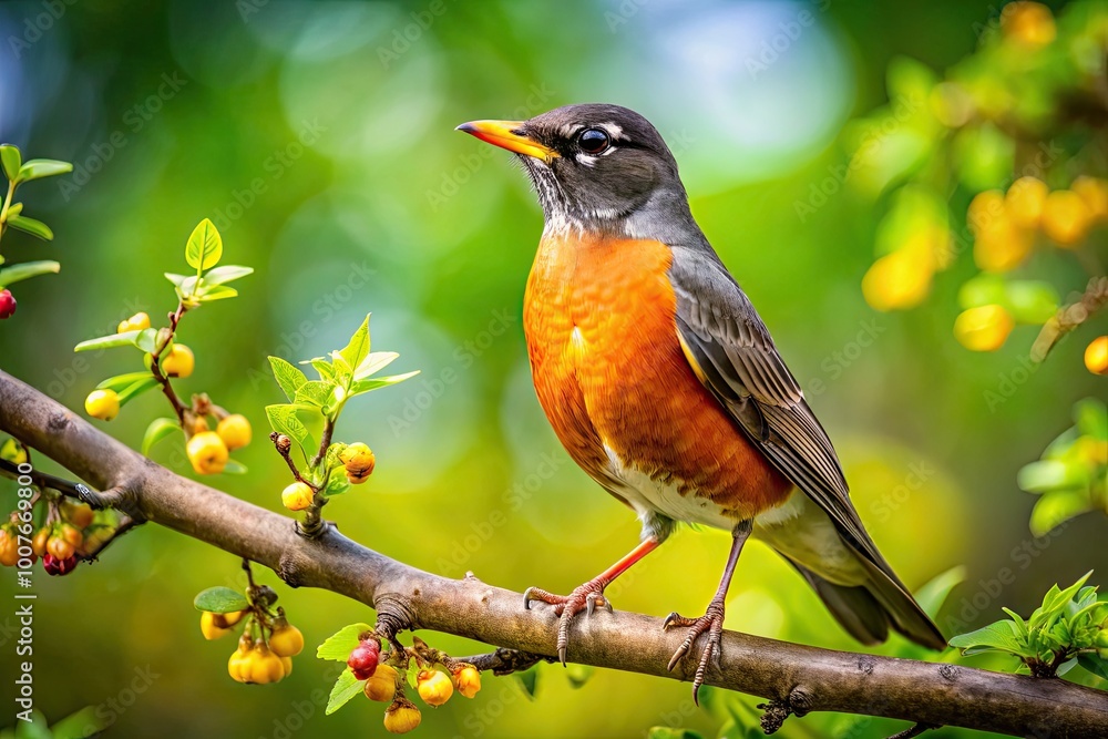 Majestic American Robin Perched on a Branch in a Lush Green Michigan Landscape During Springtime Majestic American Robin Perched on a Branch in a Lush Green Michigan Landscape During Springtime