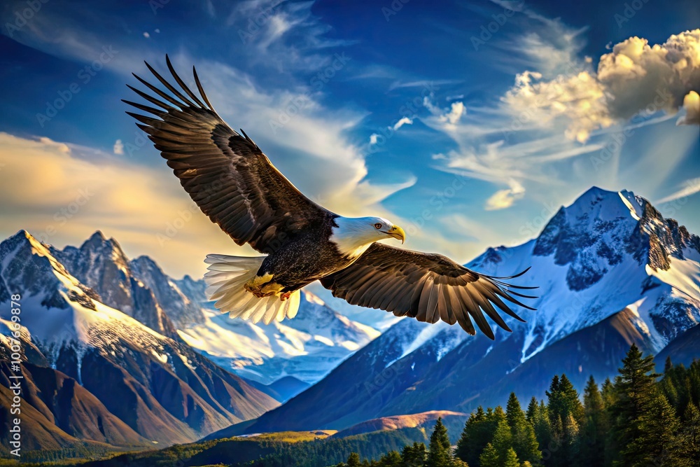 Obraz premium Majestic Bald Eagle in Flight Over Scenic Alaskan Landscape with Mountains and Blue Sky Background