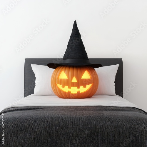 A bed with a witch's hat and glowing jack-o'-lantern, cozy Halloween vibe, large area for text, isolated on white background photo