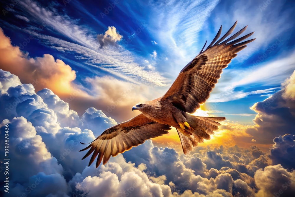 Obraz premium Majestic Bird of Prey Airplane Soars Through Blue Sky with Fluffy White Clouds in the Background