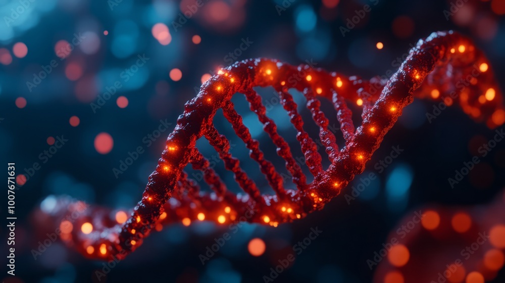 Red DNA double helix structure with glowing points on blue background. Red DNA double helix structure with glowing points on blue background.