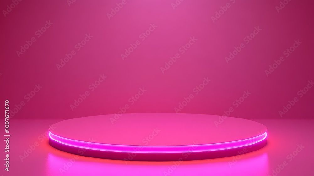 Pink podium with neon lights in a minimalist pink background. Pink podium with neon lights in a minimalist pink background.