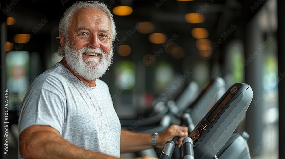 Happy Senior Man Exercising in Gym Environment Happy Senior Man Exercising in Gym Environment