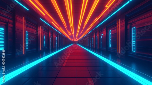 Futuristic corridor with red and blue neon lights.