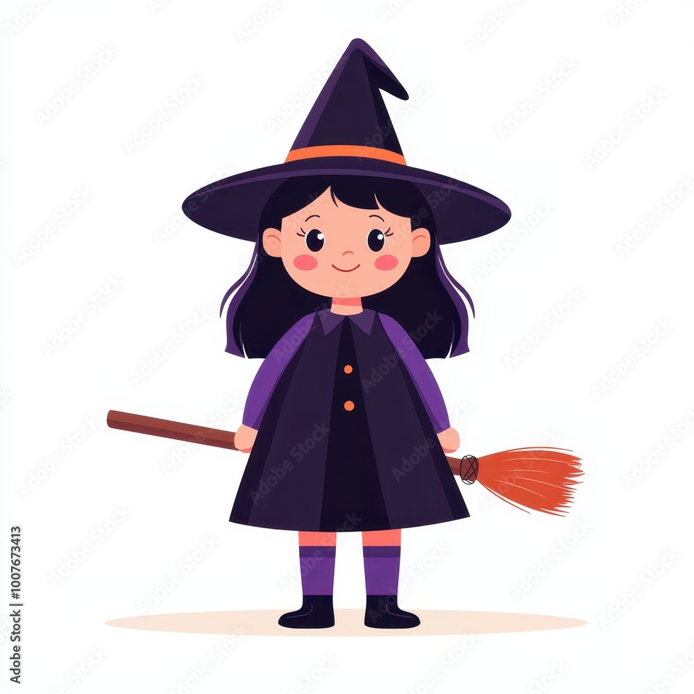 A child dressed as a witch, Halloween costume, holding a broomstick, cartoon style, purple and black outfit, isolated on white background A child dressed as a witch, Halloween costume, holding a broomstick, cartoon style, purple and black outfit, isolated on white background