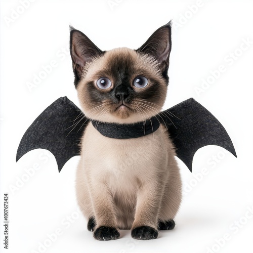 A cat in a bat costume, Halloween outfit, black bat wings, serious expression, isolated on white background photo