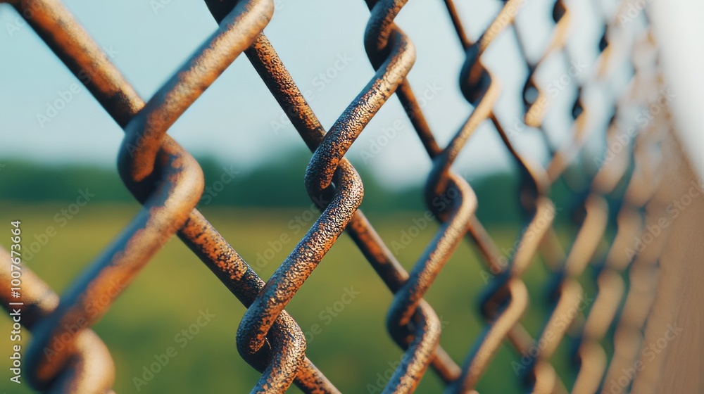 Close-up of rusty chain link fence with blurred green field in the background. Close-up of rusty chain link fence with blurred green field in the background.