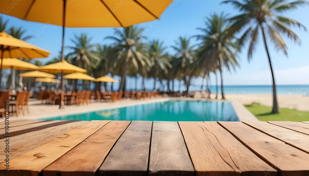 Fototapeta premium wood table Tourist hotel near the beach blur background