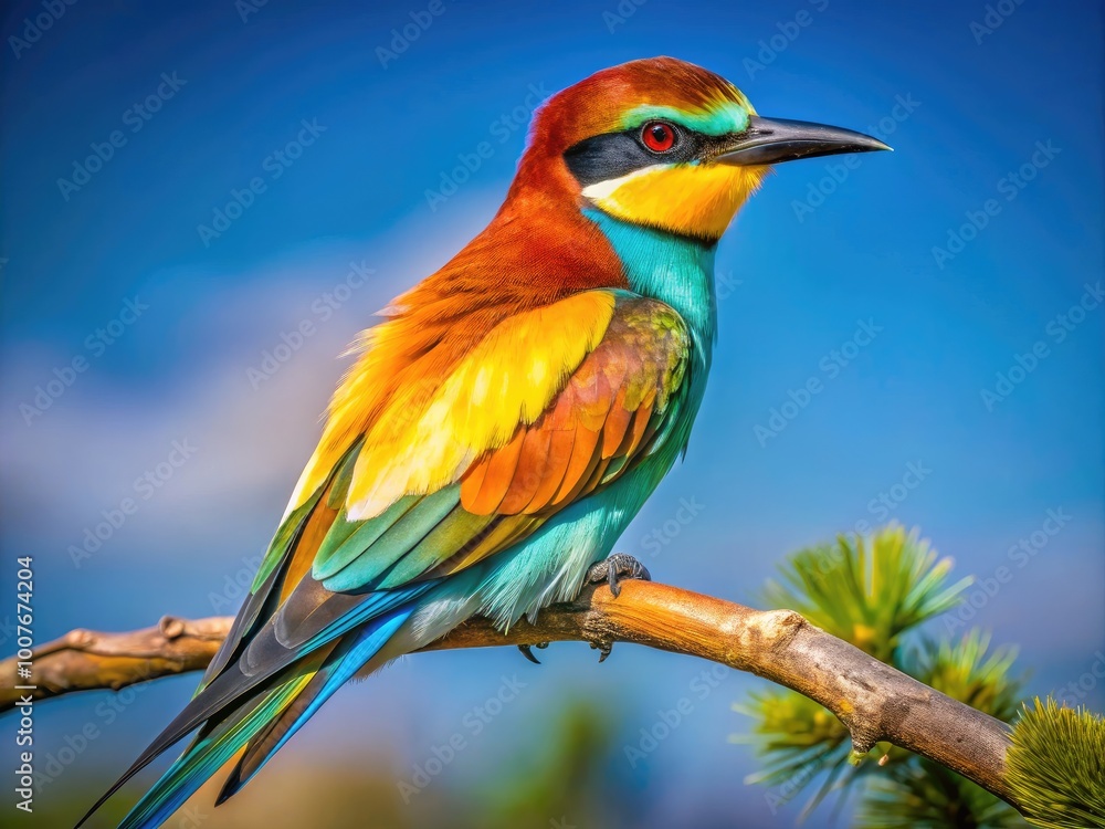 Obraz premium Majestic large bird perched on a branch showcasing vibrant plumage against a clear blue sky