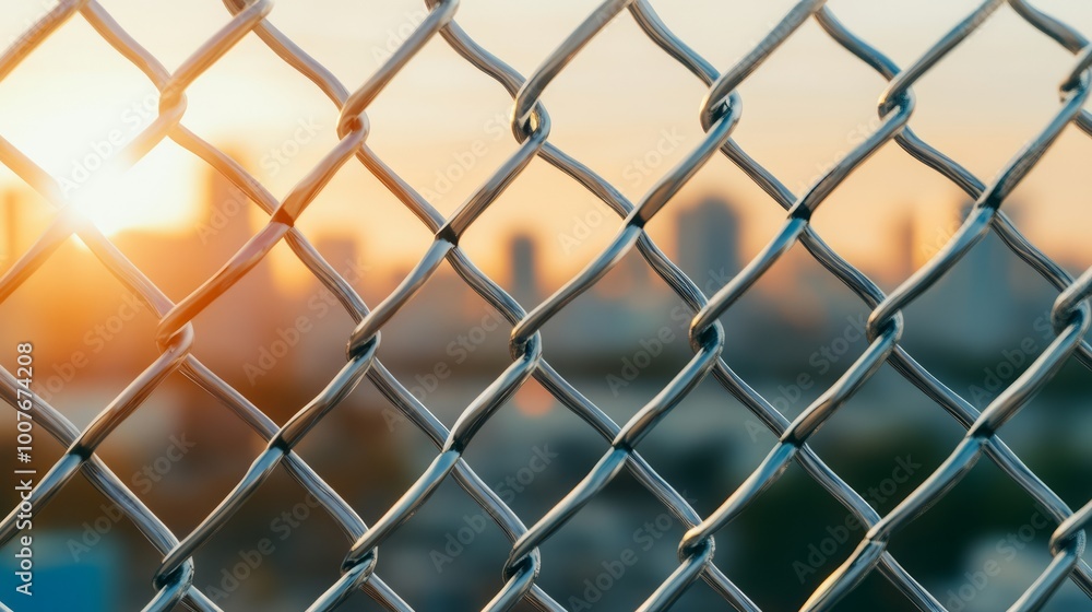 Close up of chain link fence with blurred cityscape and setting sun in the background. Close up of chain link fence with blurred cityscape and setting sun in the background.