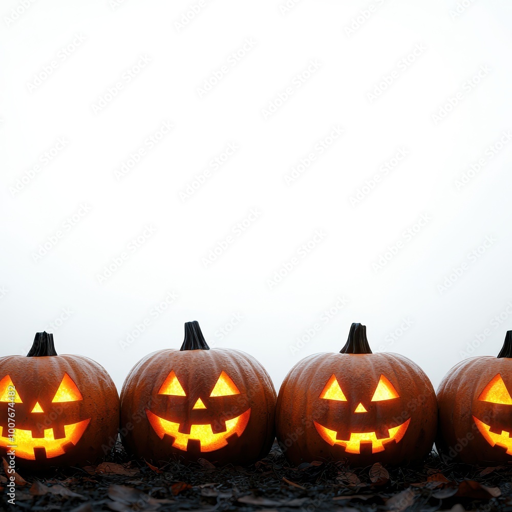 Fototapeta premium A Halloween pumpkin patch, glowing jack-o'-lanterns, misty atmosphere, large space at the center for text, isolated on white background