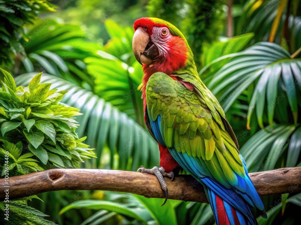 Majestic Military Macaw Perched on a Branch Surrounded by Lush Green Tropical Foliage Majestic Military Macaw Perched on a Branch Surrounded by Lush Green Tropical Foliage
