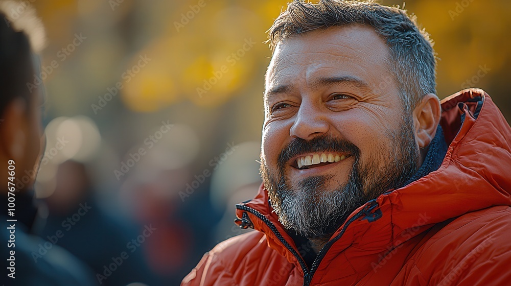 Smiling man in bright orange jacket outdoors Smiling man in bright orange jacket outdoors