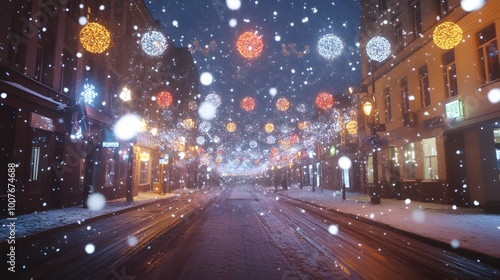 Magical outdoor winter street illuminated by holiday lights and decorations, with snow gently falling, creating a festive and enchanting atmosphere. The glowing lights and snow combine