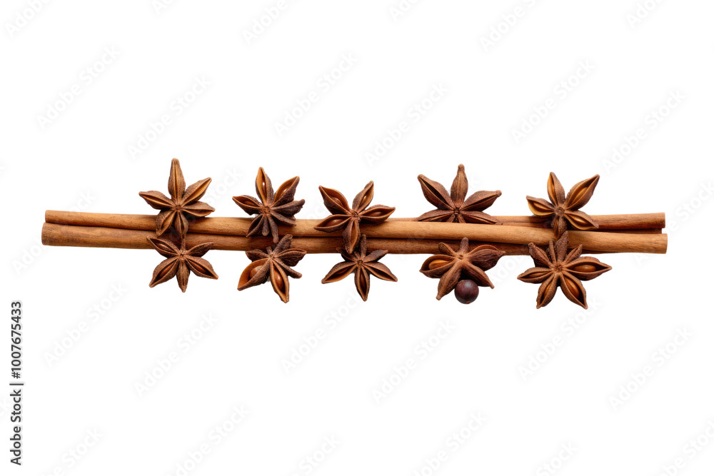 A minimalistic composition of cinnamon sticks and star anise pods lying parallel on a white surface A minimalistic composition of cinnamon sticks and star anise pods lying parallel on a white surface