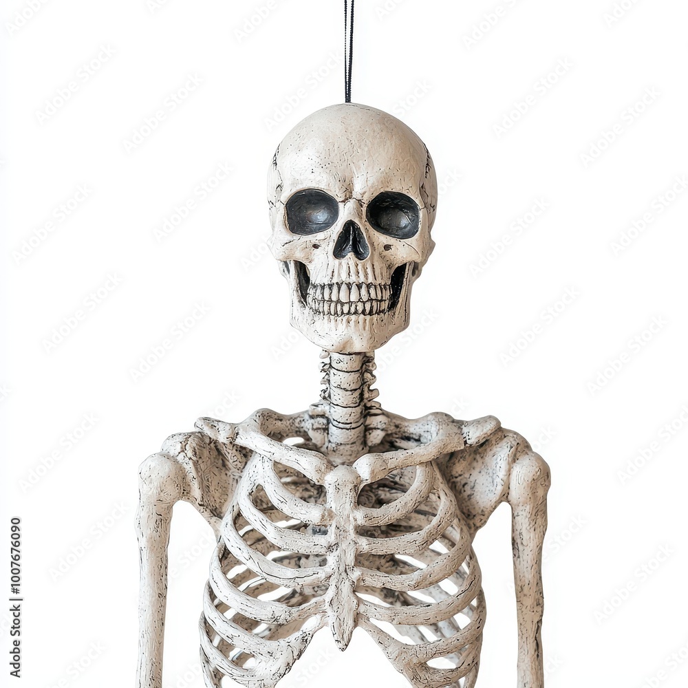A spooky skeleton figure hanging from the ceiling, Halloween decor, realistic detail, isolated on white background A spooky skeleton figure hanging from the ceiling, Halloween decor, realistic detail, isolated on white background