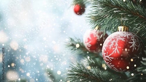 Red Christmas Ornament with Snowflake Pattern Hanging on a Pine Branch Covered in Snow