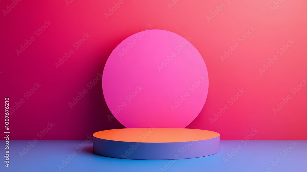 A vibrant 3D rendering of a podium with a bright blue, orange, and pink color scheme against a gradient pink background.
