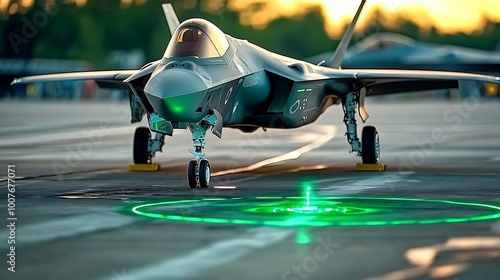 F    Lightning II Fighter Jet Landing with Green Landing Lights