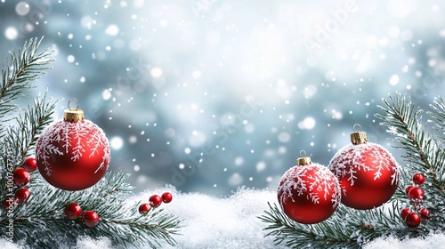 Red Christmas Ornaments on Snowy Pine Branches photo