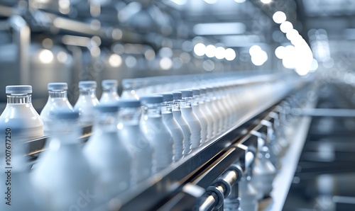 Milk bottles on a conveyor belt in a dairy factory. photo