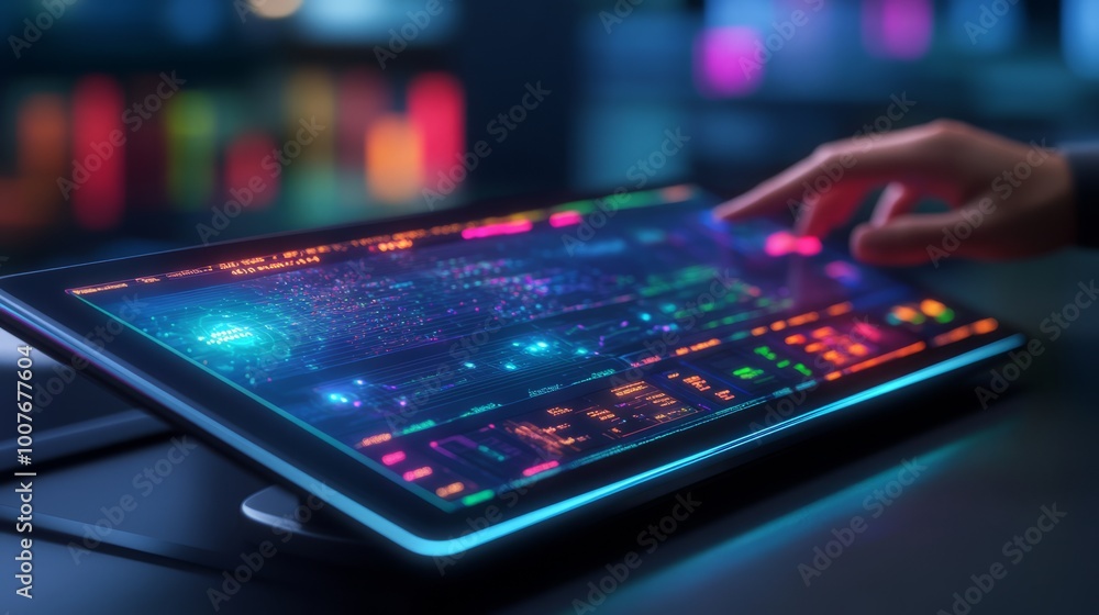 A hand interacts with a futuristic digital tablet displaying data, graphs, and charts in a vibrant neon color scheme. A hand interacts with a futuristic digital tablet displaying data, graphs, and charts in a vibrant neon color scheme.