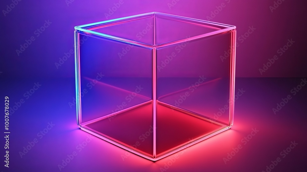 A glass cube with neon blue and red lighting on a purple background. A glass cube with neon blue and red lighting on a purple background.