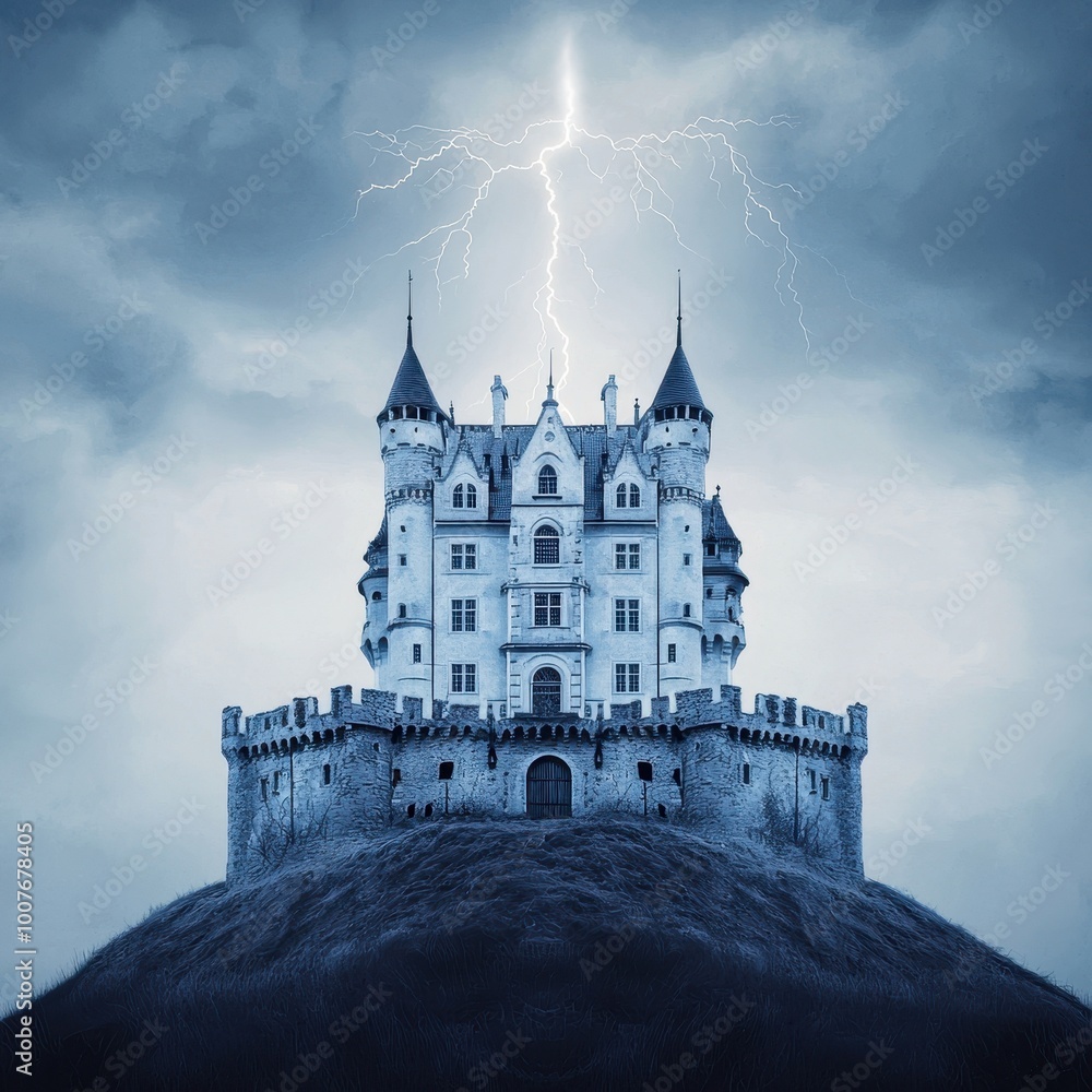 A haunted castle on a hill, lightning striking, large empty area for text above the castle, isolated on white background A haunted castle on a hill, lightning striking, large empty area for text above the castle, isolated on white background