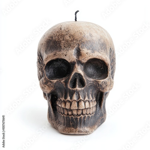 A creepy skull candle holder, Halloween table decor, gothic and dark design, isolated on white background