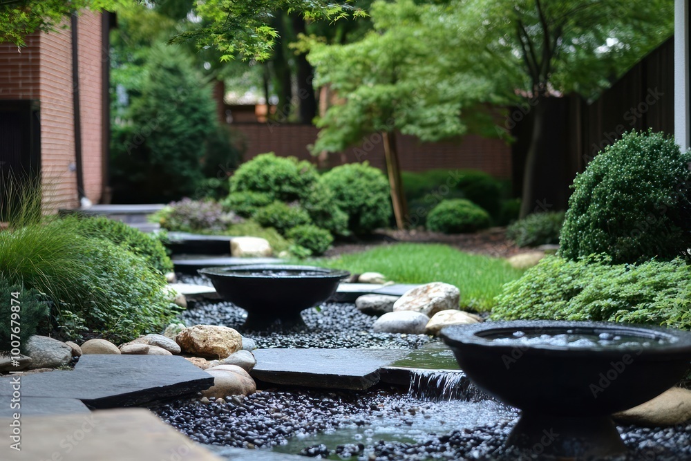 A small waterfall flows over smooth stones in a zen garden. A small waterfall flows over smooth stones in a zen garden.