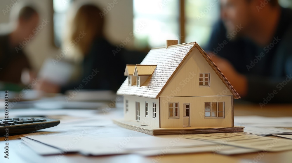 A small wooden model house on a table with blueprints and a calculator. A small wooden model house on a table with blueprints and a calculator.