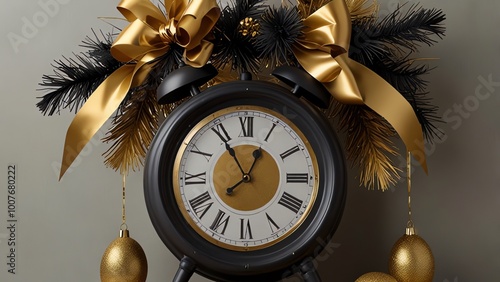 a clock with a gold bow on it that says the time is 12 00 photo