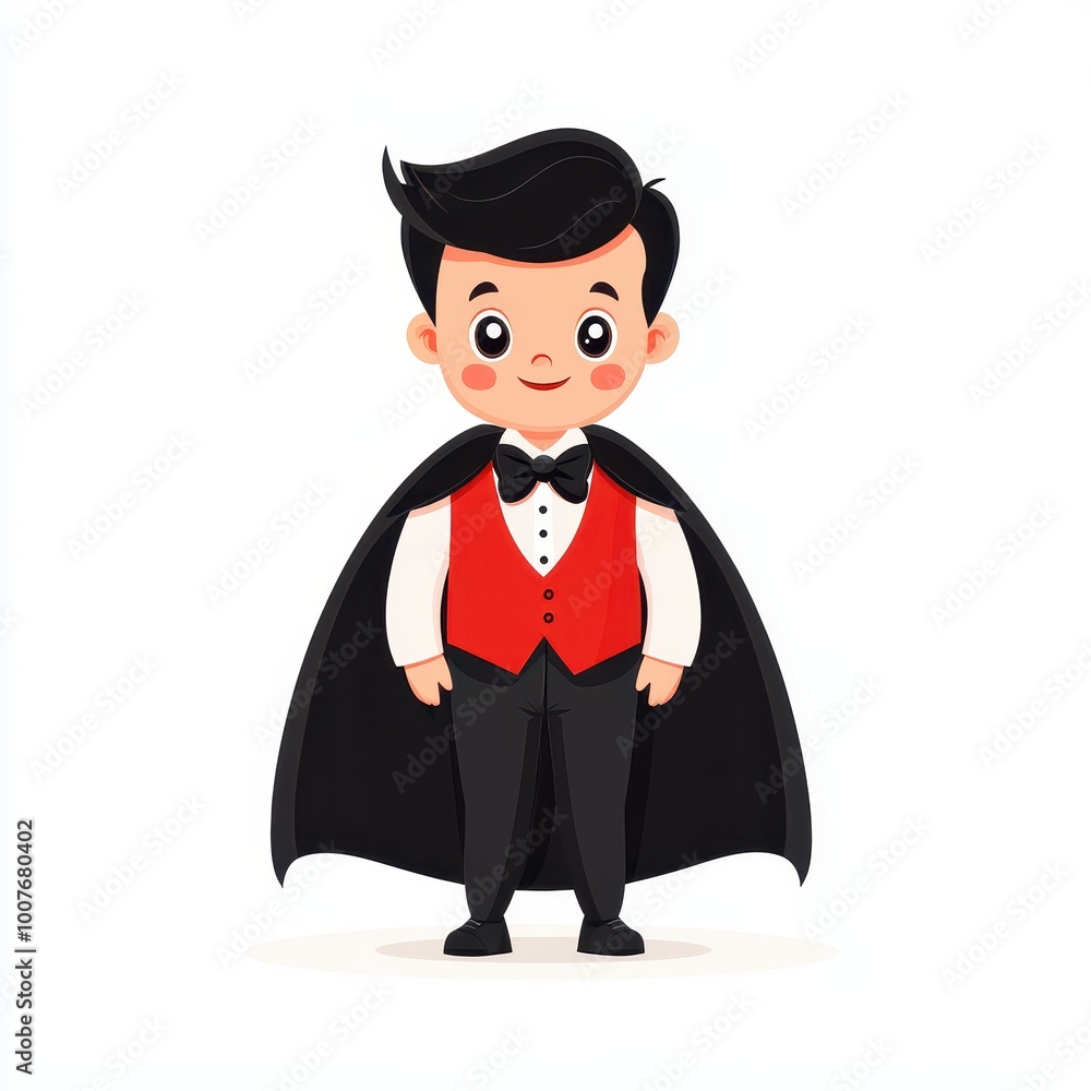 A child dressed as a vampire, Halloween costume, black cape and red vest, fangs visible, cartoon style, isolated on white background A child dressed as a vampire, Halloween costume, black cape and red vest, fangs visible, cartoon style, isolated on white background