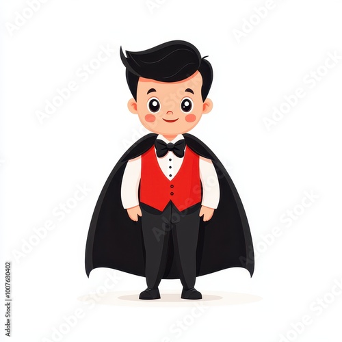 A child dressed as a vampire, Halloween costume, black cape and red vest, fangs visible, cartoon style, isolated on white background