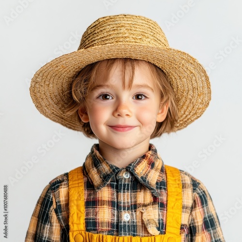 A child dressed as a scarecrow, Halloween costume, straw hat and patched clothes, smiling face, rustic style, isolated on white background photo