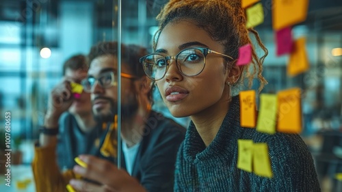 Focused Woman Looking at Post it Notes Brainstorming Ideas