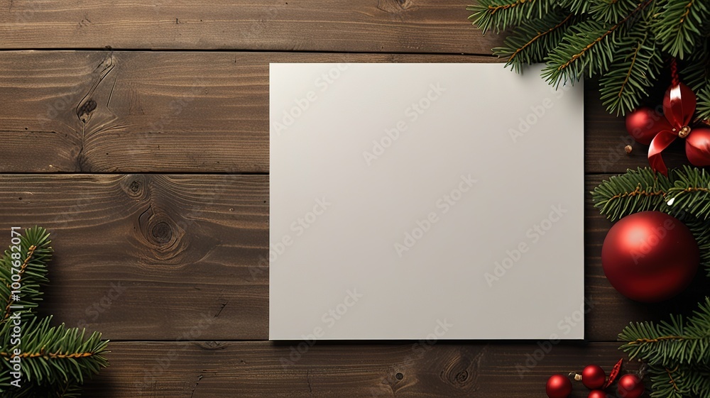 Obraz premium Greeting card christmas mockup with fir tree branches on dark wooden background
