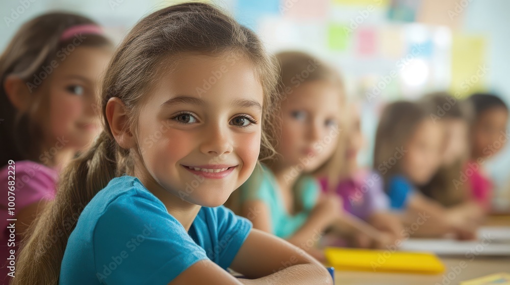A smiling school girl in a blue t-shirt sits at her desk with her classmates in the background. A smiling school girl in a blue t-shirt sits at her desk with her classmates in the background.