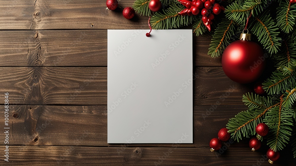 Obraz premium Greeting card christmas mockup with fir tree branches on dark wooden background