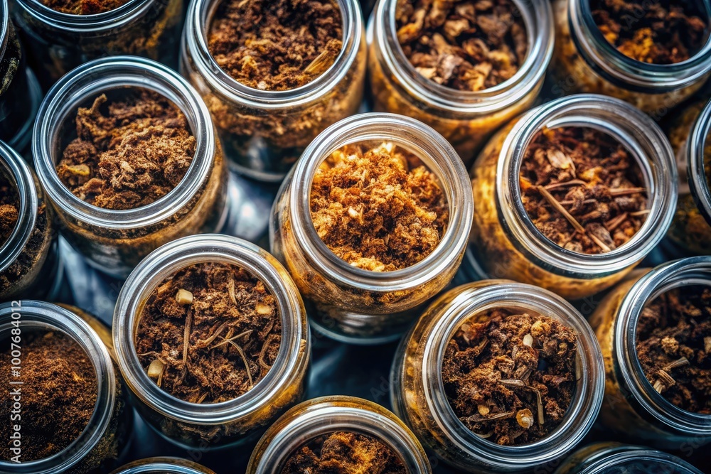 Plastic jars filled with nonsmoking tobacco bags under harsh lighting from a top-down perspective Plastic jars filled with nonsmoking tobacco bags under harsh lighting from a top-down perspective