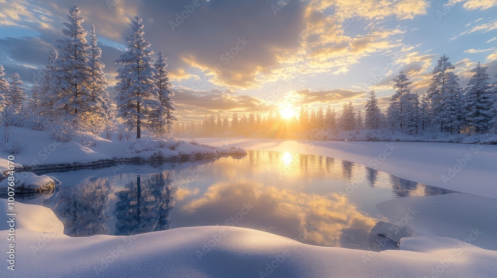 A snowy forest scene with a frozen lake and a glowing sunset in the background. A snowy forest scene with a frozen lake and a glowing sunset in the background.