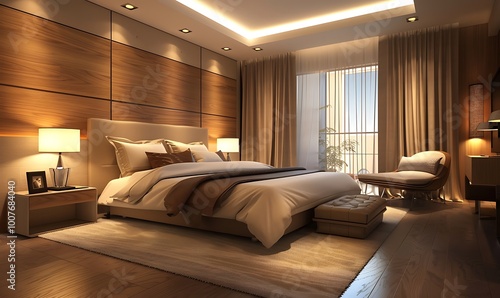 Interior of a hotel bedroom with a double bed.