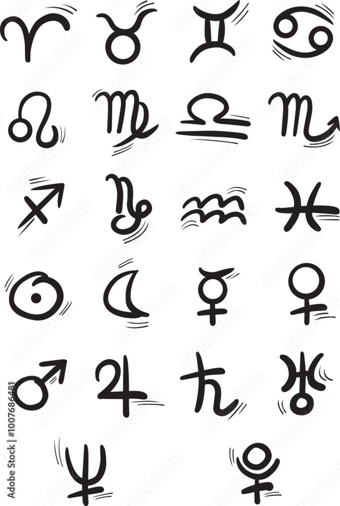 Astrological symbols hand draw line for decoration on sign of zodiac and horoscope concept. Astrological symbols hand draw line for decoration on sign of zodiac and horoscope concept.