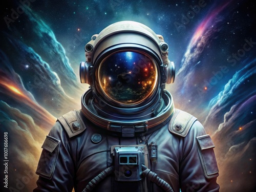 Realistic Drawing of an Astronaut in Space Suit with Detailed Features and Cosmic Background Elements